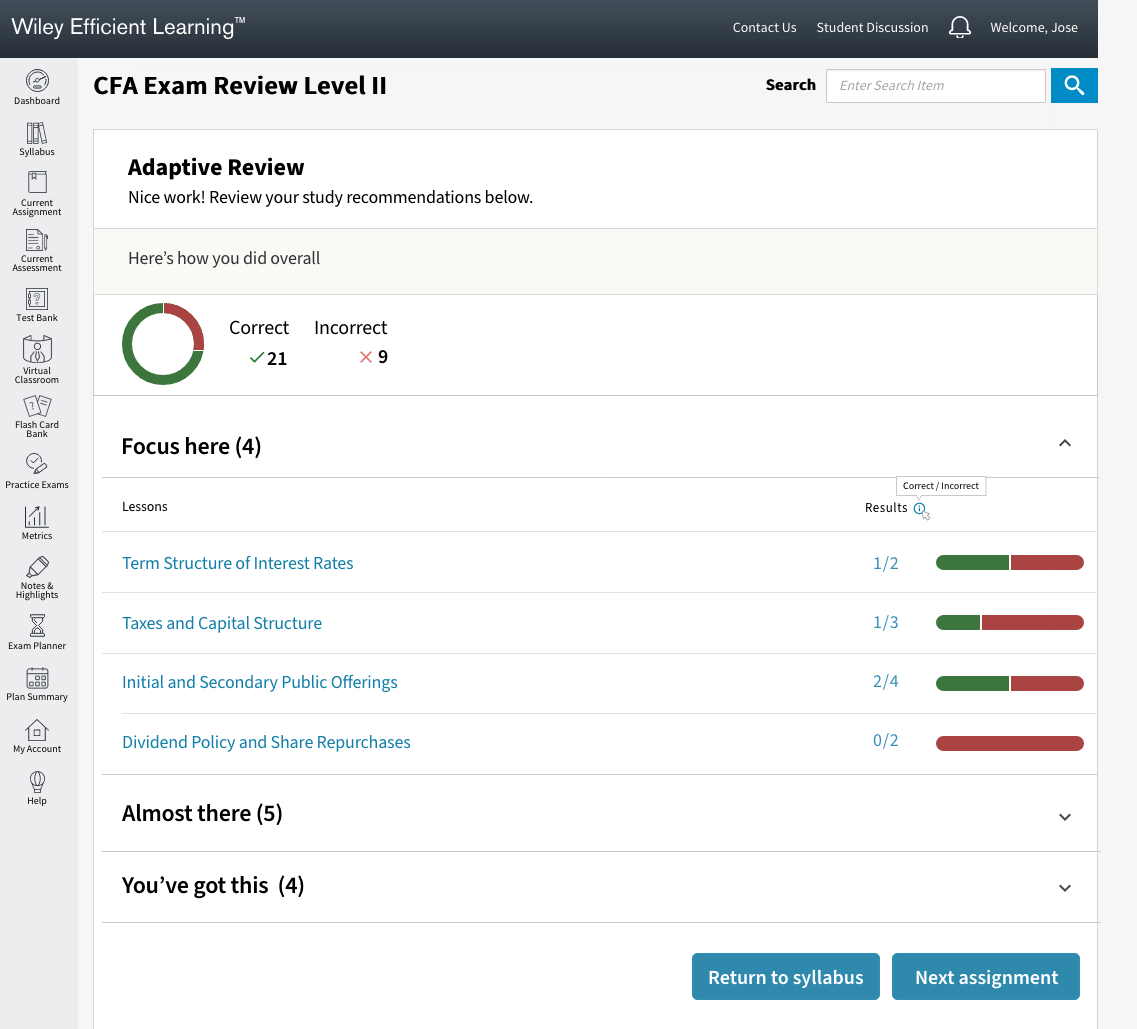 take a look at the interface of Wiley Efficient Learning's Adaptive Review