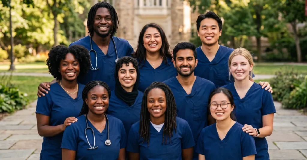 Nursing students smiling outside of their university